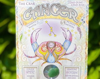 Carte du zodiaque Cancer, zodiaque Cancer, carte du zodiaque, pierre précieuse, carte du zodiaque dessinée à la main.