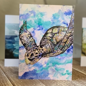 Carte de voeux de peinture de tortue, art de tortue, cadeau de tortue, natation de tortue, tortues d'amour, océan, bleu.