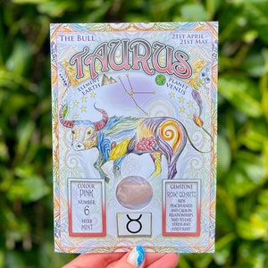 Carte du zodiaque taureau, taureau, zodiaque, quartz rose, pierre de naissance du zodiaque.