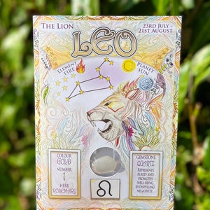 Tarjeta Leo Zodiac, Leo Zodiac, Leo, Zodíaco, Piedra de Nacimiento, Piedra de Nacimiento del Zodíaco, Cuarzo, León, Regalo del Zodíaco.