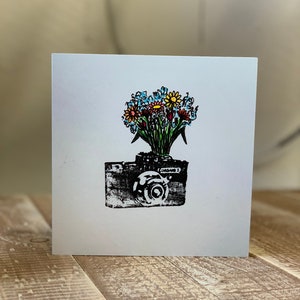 Beautiful camera printed card, Film camera greetings card, Photography, Bouquet, Camera, Art.