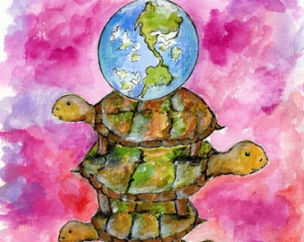 May include: A watercolor painting of a stack of four turtles with a globe on top. The turtles are green and brown with a textured shell. The globe is blue and green with a white background. The background is a pink and purple watercolor wash.
