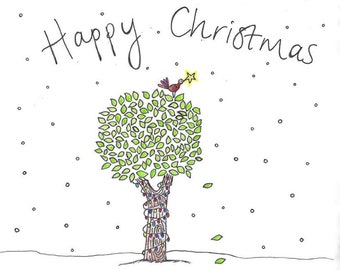 Patridge in a Pear Tree, Christmas Card, Greetings card, Drawing, Tree.