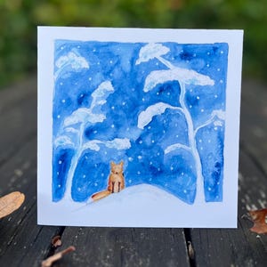 Jolie carte de Noël renard, bois enneigés, carte de Noël, carte de Noël peinte à la main, neige, forêt.