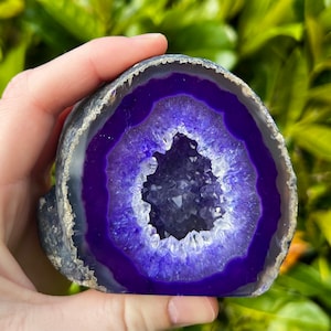 May include: A purple agate geode with a crystal lined interior. The geode is cut in half and polished, revealing the intricate patterns and colors of the crystal formation.