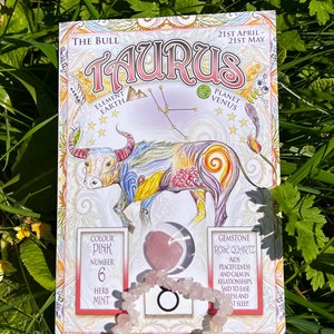 Cartão do Zodíaco Touro e pulseira de pedras preciosas Quartzo Rosa.