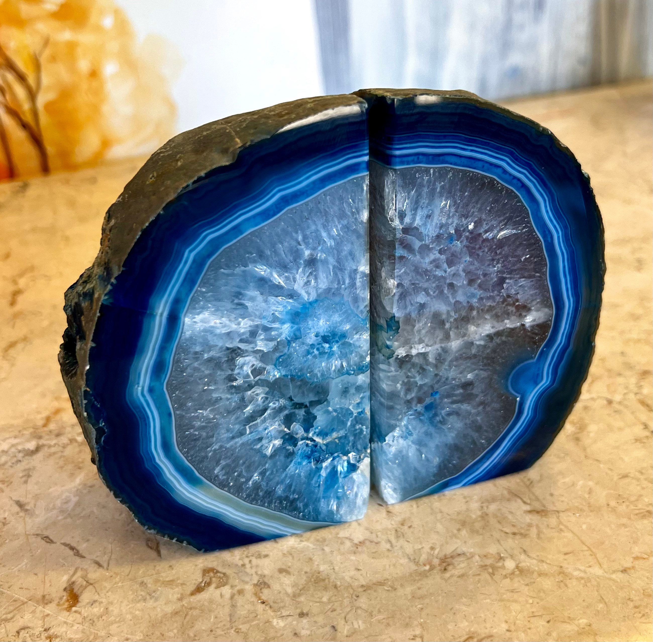 Blue Agate Bookends - 2 to 9 Lbs - Dyed Geode Book Ends Pair of Brazilian Agate Bookends -coastal Book Stoppers -heavy Bookends Crystal Gift