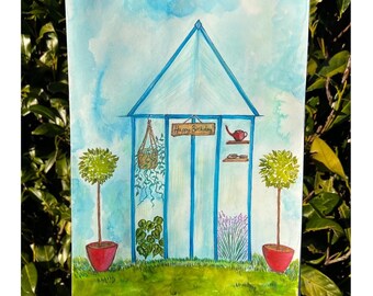 Goregous Green House Hand painted Birthday card