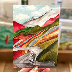 Cycling card, Cycling gift, Cycling painting, Cycling adventure, Colourful hills.