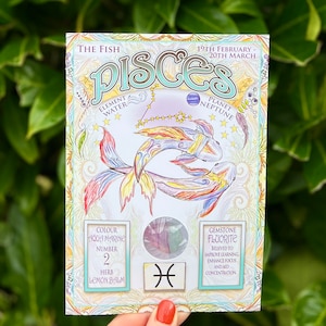 Pisces Sternzeichen Karte, Fische, Sternzeichen, echter Edelstein, Fluorit.