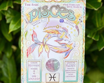Carte du zodiaque Poissons, Poissons, Zodiaque, vraie pierre précieuse, fluorite.