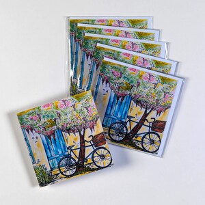 Bellissima scena di bicicletta, vintage, bicicletta, confezione da 6 carte, colorato, dipinto, Francia, amore.