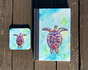 Turtle notebook, Turtle art, Turtle coasters, Turtle gifts.