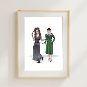 May include: Watercolor print of two figures in a wooden frame. One figure wears a long, dark gray dress with a corset and holds a wand. The other figure is in a green coat. The artwork is on a white background.