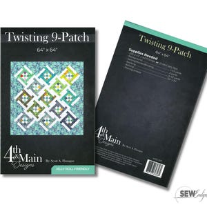 May include: Two quilting pattern covers titled "Twisting 9-Patch" with a finished size of 64" x 64". The front cover features a colorful quilt design. The back cover lists supplies needed. The pattern is "Jelly Roll Friendly".