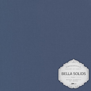 May include: A solid dark blue fabric swatch with a smooth, woven texture. In the bottom right corner, a white decorative label features the text: SEWENDIPITOUS GALLERY OF FABRIC BELLA SOLIDS MODA FABRICS BY: MODA SEW-lutions.