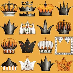 May include: A collection of 13 different crown designs, each with unique details and colors. The crowns are painted in black, white, orange, and gold. The crowns are on a yellow background.