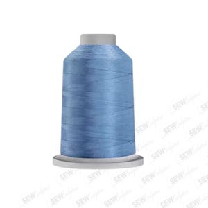 May include: A spool of light blue thread, ideal for sewing and embroidery projects. The thread is tightly wound on a white base, with a cylindrical shape and a slightly tapered top. The thread has a subtle sheen.