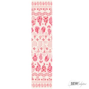 May include: A long, rectangular fabric with a repeating pattern of red floral and leaf designs on a cream background. The fabric features various motifs, including hearts, flowers, and geometric shapes, creating a detailed and decorative textile.