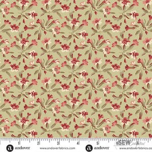 May include: A fabric with a repeating floral pattern. The flowers are in shades of red, pink, and white, set against a light green background. The design is a dense arrangement of blossoms and leaves, creating a vintage aesthetic.