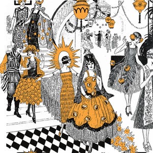 May include: A black and white illustration of a group of people in various costumes at a party. The people are wearing elaborate dresses and hats, and some are holding drinks. The background is decorated with streamers and lanterns.
