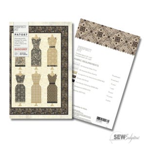 May include: A sewing pattern titled "Perfect Fit" with dress designs in beige, brown, and black. The pattern includes fabric requirements and is from BasicGrey for Moda. The image also shows a coordinating fabric swatch.