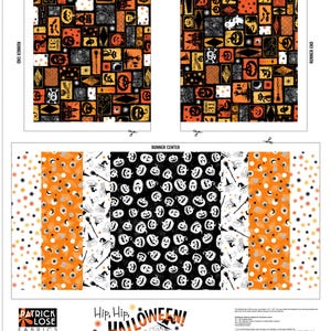 May include: Halloween-themed fabric panels with a table runner design. The fabric features a patchwork pattern with orange, black, and yellow squares with Halloween motifs. The center panel has a black background with white pumpkin faces. The table runner measures 15" x 58".