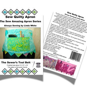 May include: Sew Quilty Apron sewing pattern by Linda White. This pattern includes instructions for a quilted apron with a large pocket, a waistband, and prairie points. The finished size is 10 1/2 inches by 19 inches. The pattern is fat quarter friendly.