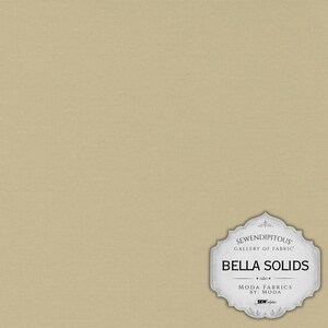 May include: A solid light tan fabric with a woven texture. In the bottom right corner, a white decorative label features the text: SEWENDIPITOUS GALLERY OF FABRIC BELLA SOLIDS MODA FABRICS BY: MODA SEW-lutions.