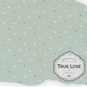 May include: A sage green fabric featuring a repeating pattern of small white polka dots. A decorative label in the bottom right corner displays the text SEWENDIPITOUS GALLERY OF FABRIC TRUE LOVE MODA FABRICS BY LELLA BOUTIQUE.
