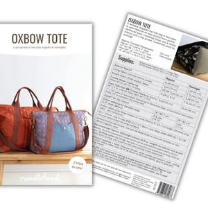 May include: The image shows a sewing pattern for the Oxbow Tote bag, featuring two finished bags in orange and blue. The pattern includes instructions for regular and overnight sizes, with the text "2 sizes to sew!" and "noodlehead".