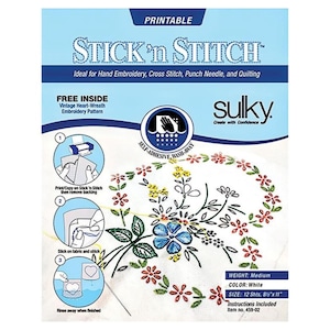 May include: Sulky Stick 'n Stitch printable stabilizer sheets in a light blue and white package. The front displays the product name, instructions with three circular diagrams, and a floral embroidery pattern. It measures 8.5 by 11 inches.