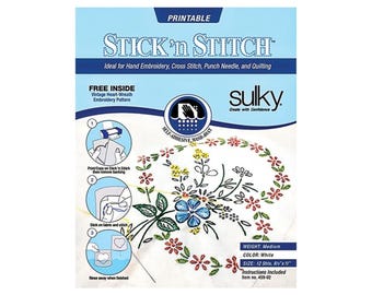 May include: Sulky Stick 'n Stitch printable stabilizer sheets in a light blue and white package. The front displays the product name, instructions with three circular diagrams, and a floral embroidery pattern. It measures 8.5 by 11 inches.
