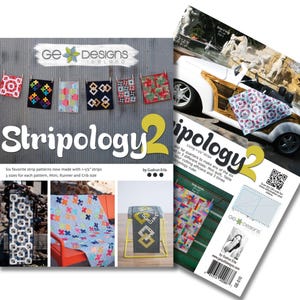 May include: Two quilting pattern books titled "Stripology 2" by Ge Designs. The cover features colorful fabric samples and a vintage car with a quilt. The book includes instructions for strip patterns in three sizes.