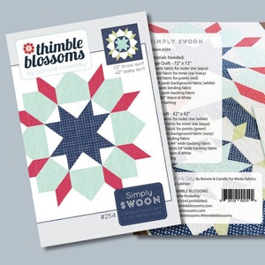 May include: A quilt pattern called "Simply Swoon" with a star design in red, blue, green, and white. The pattern is available in two sizes: 72 inches by 72 inches and 42 inches by 42 inches. The pattern is by Thimble Blossoms by Camille Roskelley.