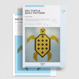 May include: A quilt pattern for a sea turtle, with a color chart and instructions. The pattern is for a 56 x 60 inch quilt. The quilt is made with a variety of colors, including blue, green, and brown.