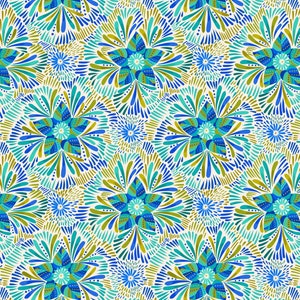 May include: A seamless pattern featuring blue, green, and gold stylized flowers with a white background.