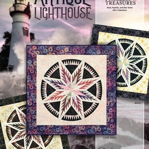 May include: A promotional image for a quilting project featuring the words "Antique Lighthouse." The image showcases three quilt blocks with starburst designs in various colors, including purple, pink, and black. The background features a lighthouse and ocean waves.