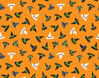 May include: A seamless pattern of witch hats in various colors and styles on an orange background with white polka dots. The hats are black, white, and green with pointed tops and a variety of brim shapes.