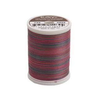 May include: A spool of Sulky 100% cotton mercerized thread in a multi-colored pattern of red, green, and brown. The spool is labeled with the number 733 and 4039. The text "Made in Italy" is also visible on the label.