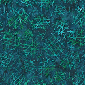 May include: A fabric with a batik design. The pattern features a network of interconnected lines in shades of teal and green, set against a dark blue background. The design has a textured appearance, creating a visually complex and organic aesthetic.