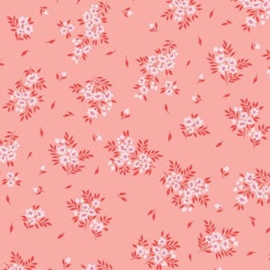 May include: A seamless pattern featuring delicate pink flowers with red stems and leaves on a light pink background.
