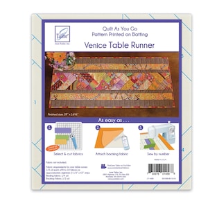 May include: A white and blue printed pattern for a Venice Table Runner. The finished size is 39" x 16.5". The image shows the steps to select and cut fabrics, attach backing fabric, and sew by number.