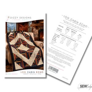 May include: A quilt pattern booklet titled Log Cabin Echo by Dizzy Designs. The cover displays a quilt with a geometric log cabin design in cream, navy, red, and orange. The back page lists fabric requirements and quilt sizes in inches.