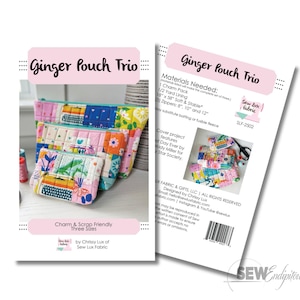 May include: The image showcases a trio of colorful, patchwork-style pouches in varying sizes. The pouches are labeled "Ginger Pouch Trio" and "Charm & Scrap Friendly Three Sizes." The design features a mix of floral and geometric patterns in shades of pink, blue, and yellow.
