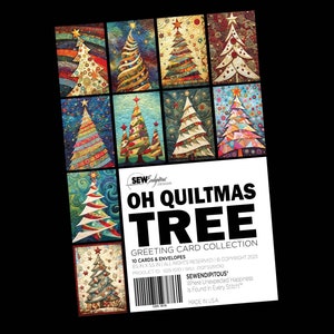 May include: A collection of Christmas greeting cards featuring colorful, quilted Christmas tree designs. The cards are part of the "Oh Quiltmas Tree" collection and include 10 cards and envelopes. The cards are 8.5 x 5.5 inches.
