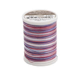 May include: A spool of red, white, and blue striped thread with the brand name "Sulky" and the text "100% Cotton Mercerized Use 80/12 Top Stitch Needle 733 4106"