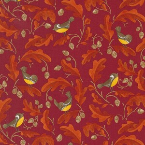May include: A seamless pattern featuring stylized birds with yellow accents perched on branches with orange leaves against a deep red background.