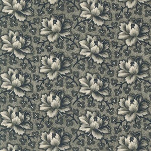 May include: A seamless pattern featuring a repeating design of stylized white flowers with dark gray outlines on a dark gray background.