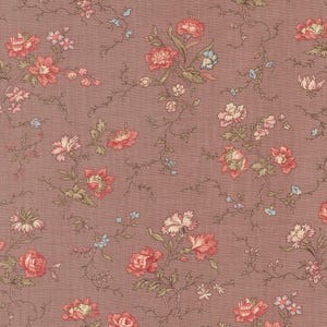 May include: A floral fabric featuring a repeating pattern of pink, red, and blue flowers with green leaves and stems on a mauve background. The flowers are in various stages of bloom, creating a delicate and romantic design.